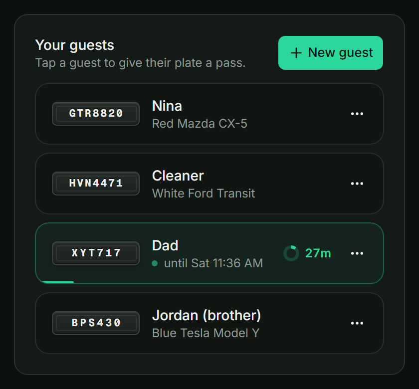The resident portal's saved guests: one guest's pass live with a countdown, another one tap from a pass